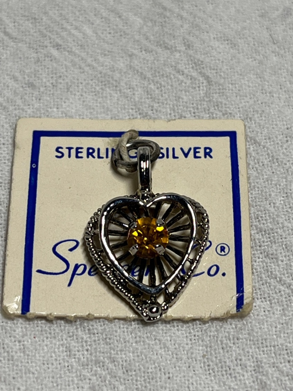 Vintage Sterling Silver Heart Pendant with Amber Stone